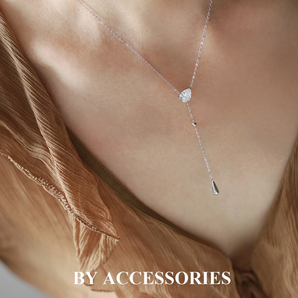 Dây chuyền nữ titan dáng chữ Y tua rua giọt nước khảm đá trắng lấp lánh không gỉ WN2541 BY ACCESSORIES