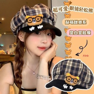 Mũ nồi họa tiết caro hình gấu đeo kính dễ thương tinh nghịch cho nữ
