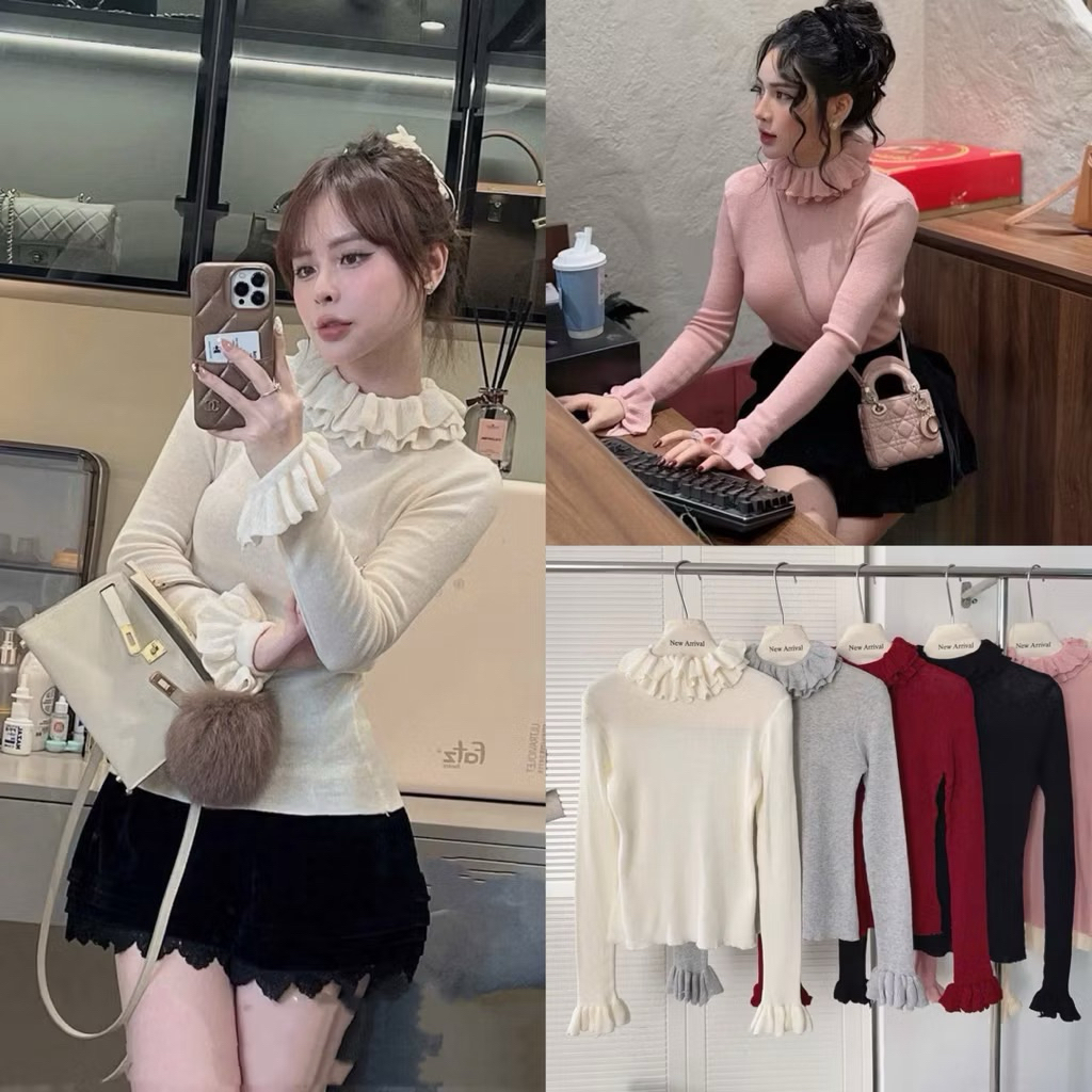 Áo Len Tăm CỔ BÈO 2 lớp Tay Loe Hàng QC co giãn 4 chiều 5 màu siêu xinh-Dành Cho Nữ