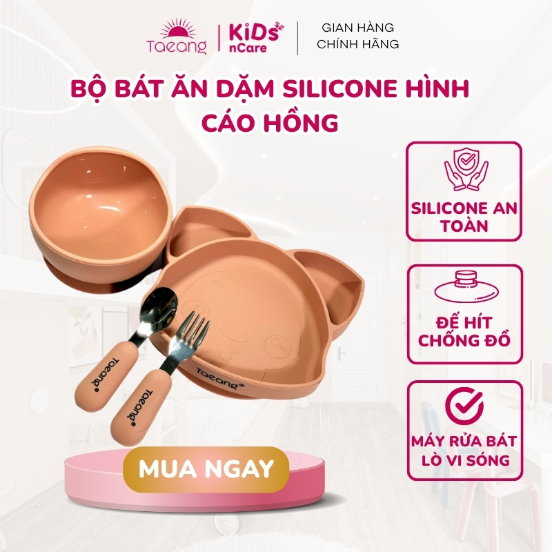 Bát Ăn Dặm Cho Bé Silicone Taeang, Chén Ăn Dặm Cho Bé Chịu Nhiệt Có Đế Hít Chống Đổ Hình Cáo Hồng