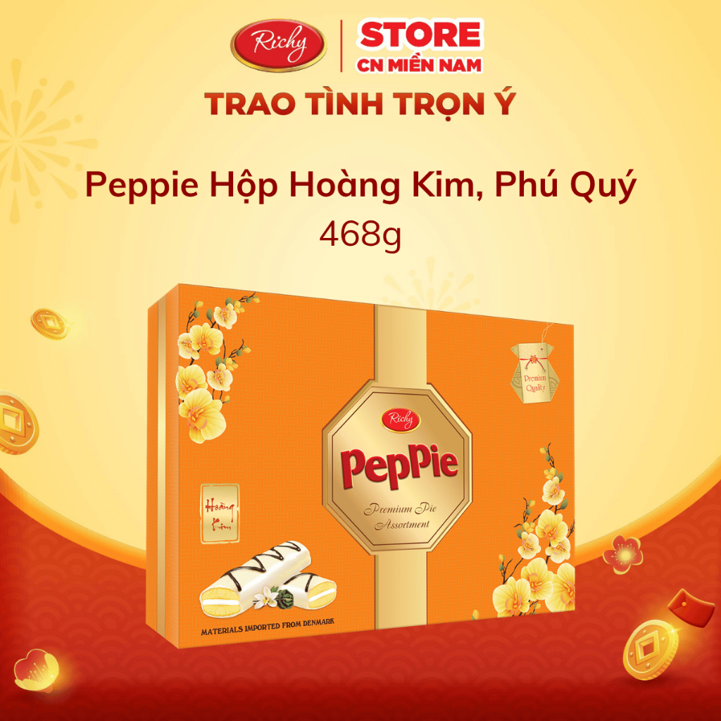 [MUA 1 TẶNG 1] Hộp Bánh Bông Lan phủ socola Peppie Richy Hoàng Kim, Phú Quý - Hộp Giấy 468g