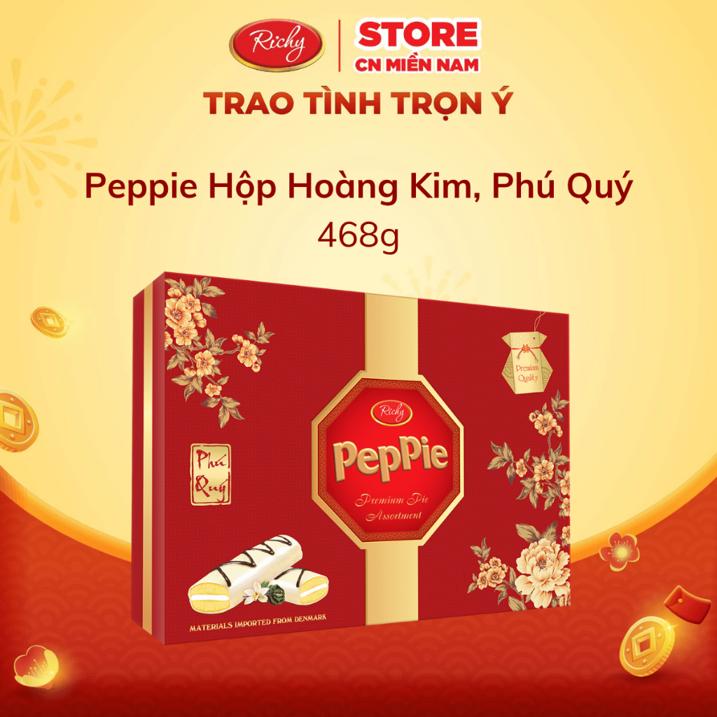 [MUA 1 TẶNG 1] Hộp Bánh Bông Lan phủ socola Peppie Richy Hoàng Kim, Phú Quý - Hộp Giấy 468g