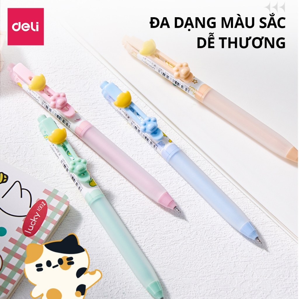 Combo Bút Gel Bấm Deli Họa Tiết Dễ Thương Định Vị Tay Cầm0.5mm ST Mực Đen Thiết Kế Màu Kẹo Bắt Mắt