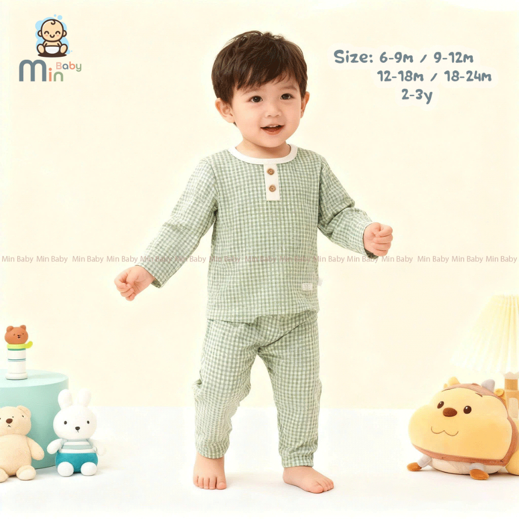 Bộ Thu Đông Dài Tay Kẻ Caro Bé Trai Chất Vải Nỉ Len Dày Dặn,Ấm Áp - Hàng Chính Hãng MIN0490NA