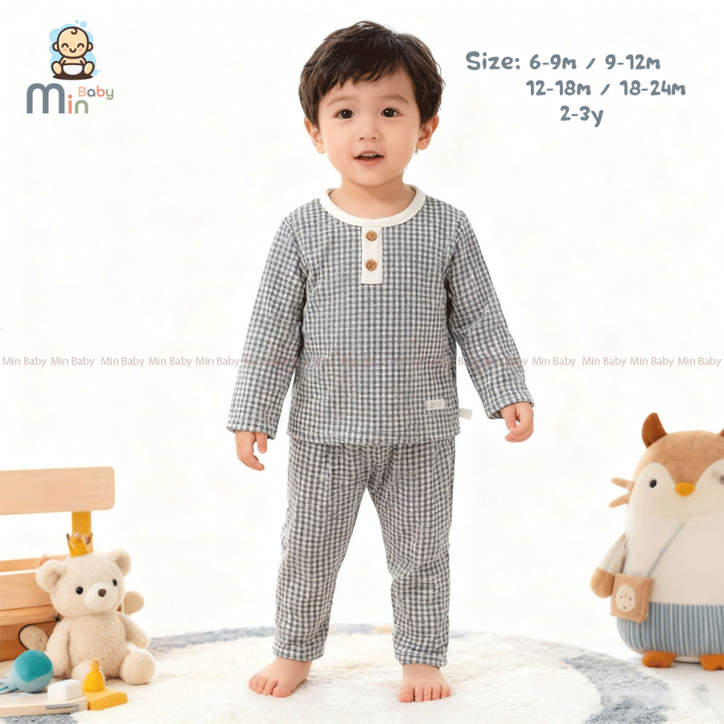 Bộ Thu Đông Dài Tay Kẻ Caro Bé Trai Chất Vải Nỉ Len Dày Dặn,Ấm Áp - Hàng Chính Hãng MIN0490NA