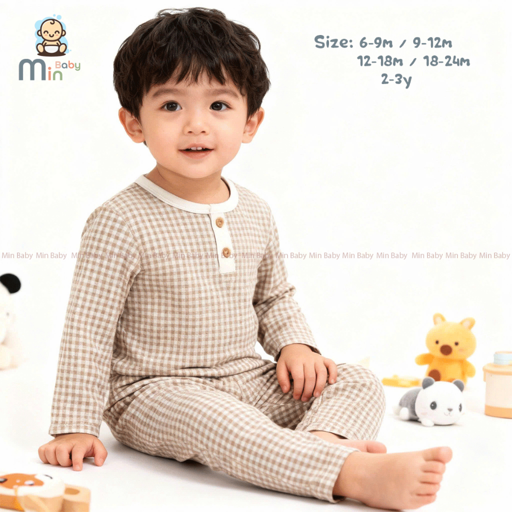 Bộ Thu Đông Dài Tay Kẻ Caro Bé Trai Chất Vải Nỉ Len Dày Dặn,Ấm Áp - Hàng Chính Hãng MIN0490NA