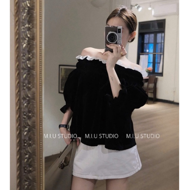 MIU.STUDIO •”Anla Top” Áo trễ vai tay bồng phối viền bèo cao cấp ,Áo nhung kiểu nữ hở vai phong cách điệu đà tiểu thư