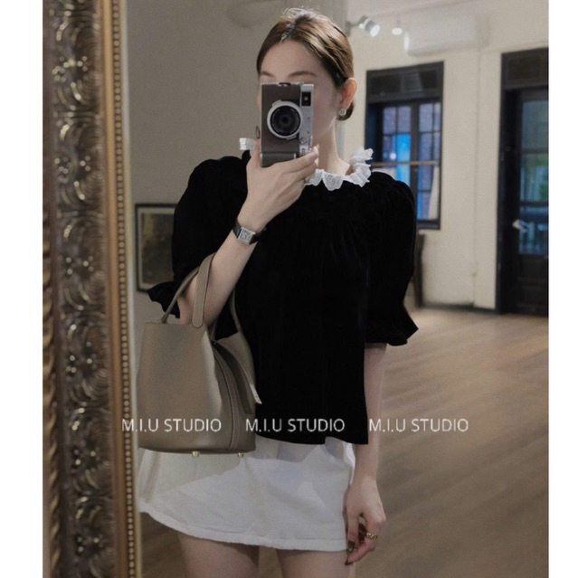 MIU.STUDIO •”Anla Top” Áo trễ vai tay bồng phối viền bèo cao cấp ,Áo nhung kiểu nữ hở vai phong cách điệu đà tiểu thư
