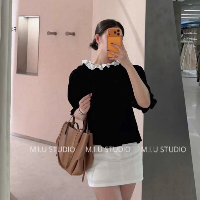 MIU.STUDIO •”Anla Top” Áo trễ vai tay bồng phối viền bèo cao cấp ,Áo nhung kiểu nữ hở vai phong cách điệu đà tiểu thư