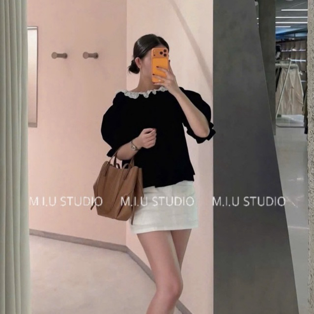 MIU.STUDIO •”Anla Top” Áo trễ vai tay bồng phối viền bèo cao cấp ,Áo nhung kiểu nữ hở vai phong cách điệu đà tiểu thư