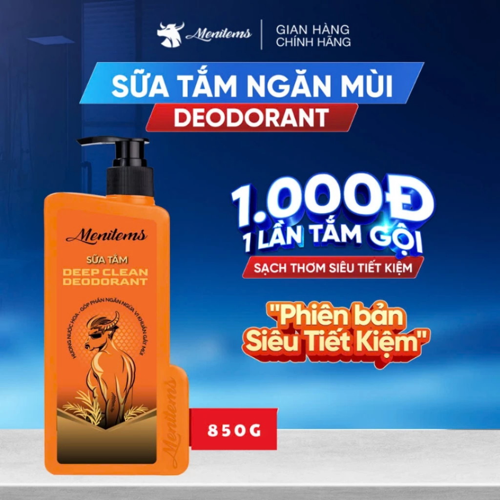 Sữa tắm nam DeepClean Menitems - Hương nước hoa, ngăn mụn lưng, giảm nhờn và khử mùi hiệu quả.