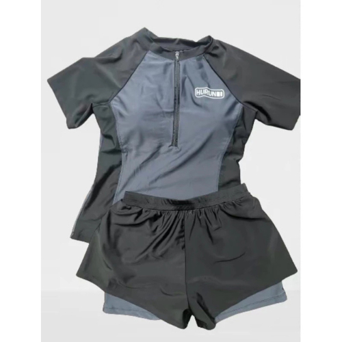 BKN 016 XÁM Sẵn HCM (Size M, L) Đồ Bơi Đi Biển Áo Dài Tay in chữ Quần 2 Lớp dáng thể thao HAN.T Shop