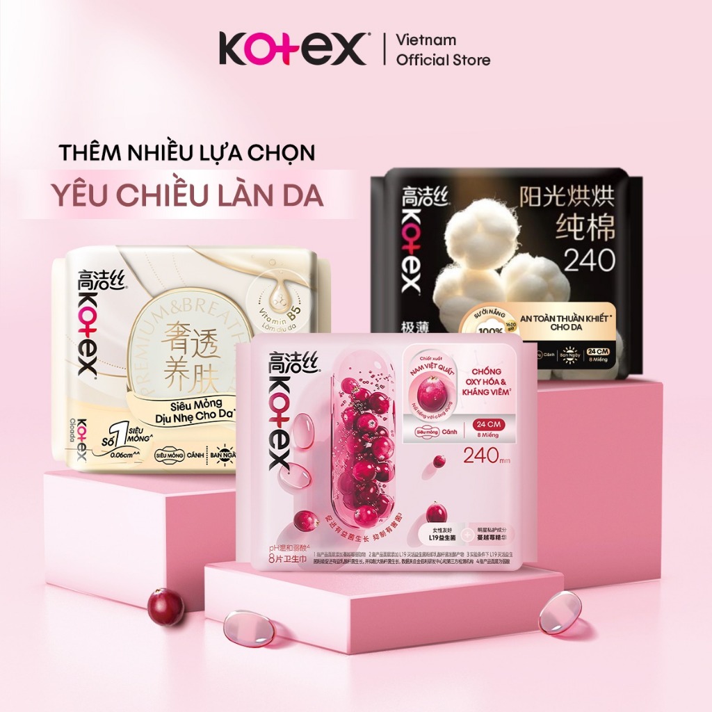 [KOL LIVE] Combo 8 băng vệ sinh Kotex Cranberry Nam Việt Quất Kháng Viêm, Chống Oxy Hóa, Siêu Mỏng Cánh 24cm 8 miếng/gói