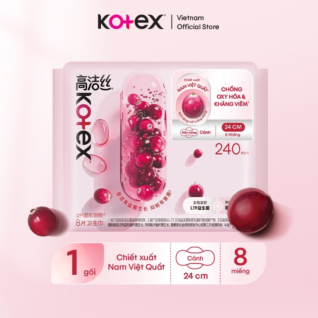 [KOL LIVE] Combo 8 băng vệ sinh Kotex Cranberry Nam Việt Quất Kháng Viêm, Chống Oxy Hóa, Siêu Mỏng Cánh 24cm 8 miếng/gói