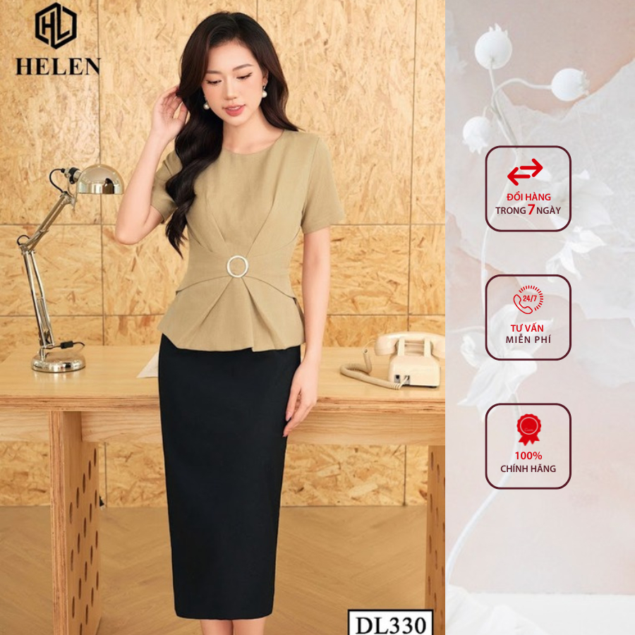 Đầm công sở HELEN thiết kế dáng ôm xanh rêu phối chân đen đai eo DL330