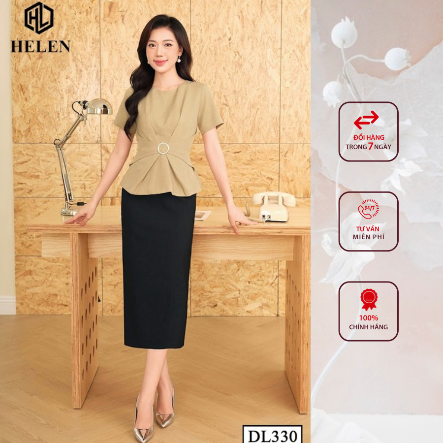 Đầm công sở HELEN thiết kế dáng ôm xanh rêu phối chân đen đai eo DL330
