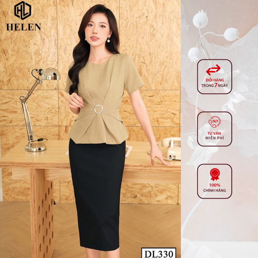 Đầm công sở HELEN thiết kế dáng ôm xanh rêu phối chân đen đai eo DL330