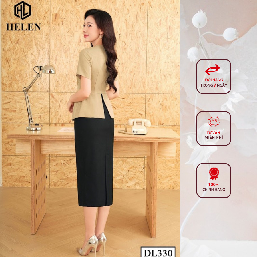 Đầm công sở HELEN thiết kế dáng ôm xanh rêu phối chân đen đai eo DL330