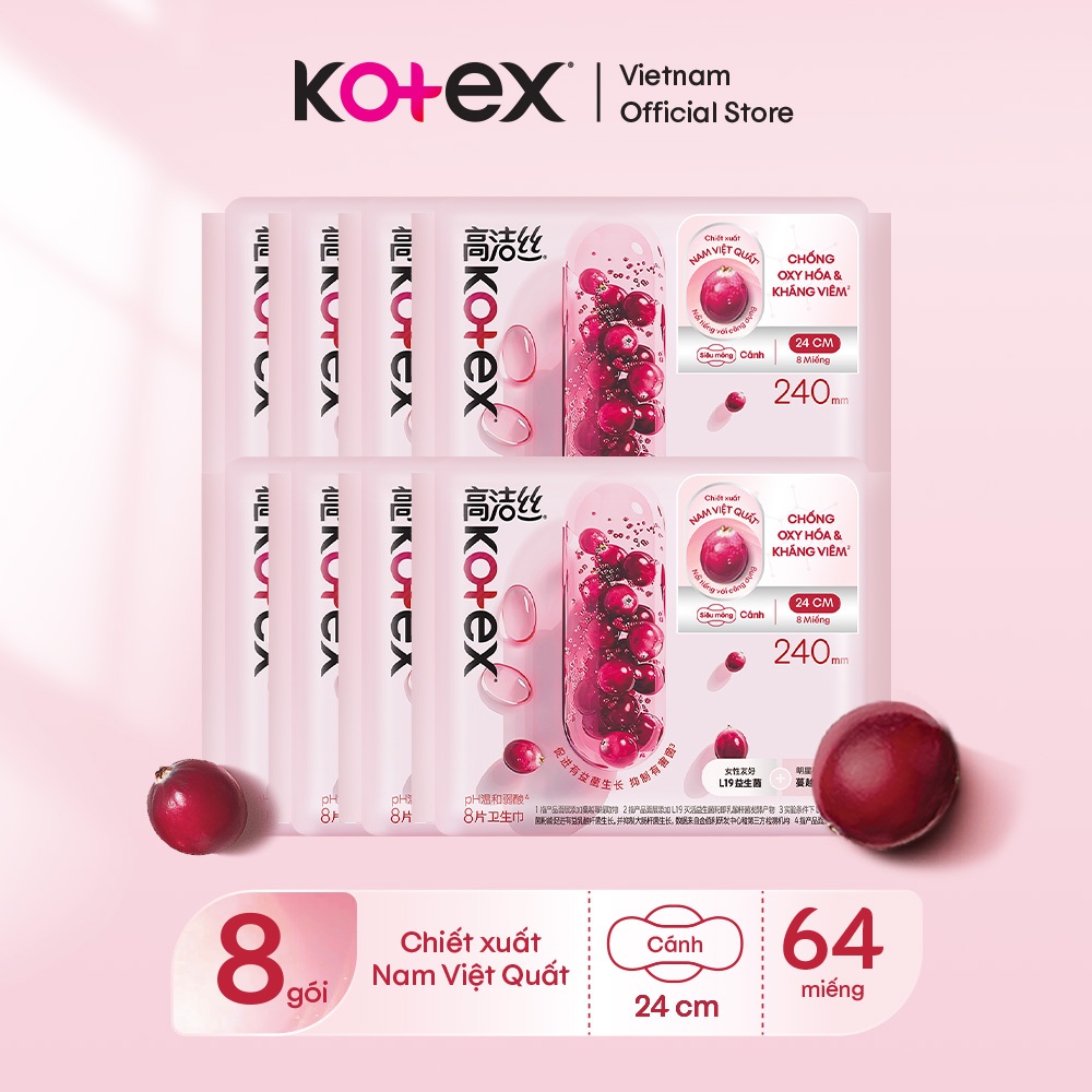 [KOL LIVE] Combo 8 băng vệ sinh Kotex Cranberry Nam Việt Quất Kháng Viêm, Chống Oxy Hóa, Siêu Mỏng Cánh 24cm 8 miếng/gói