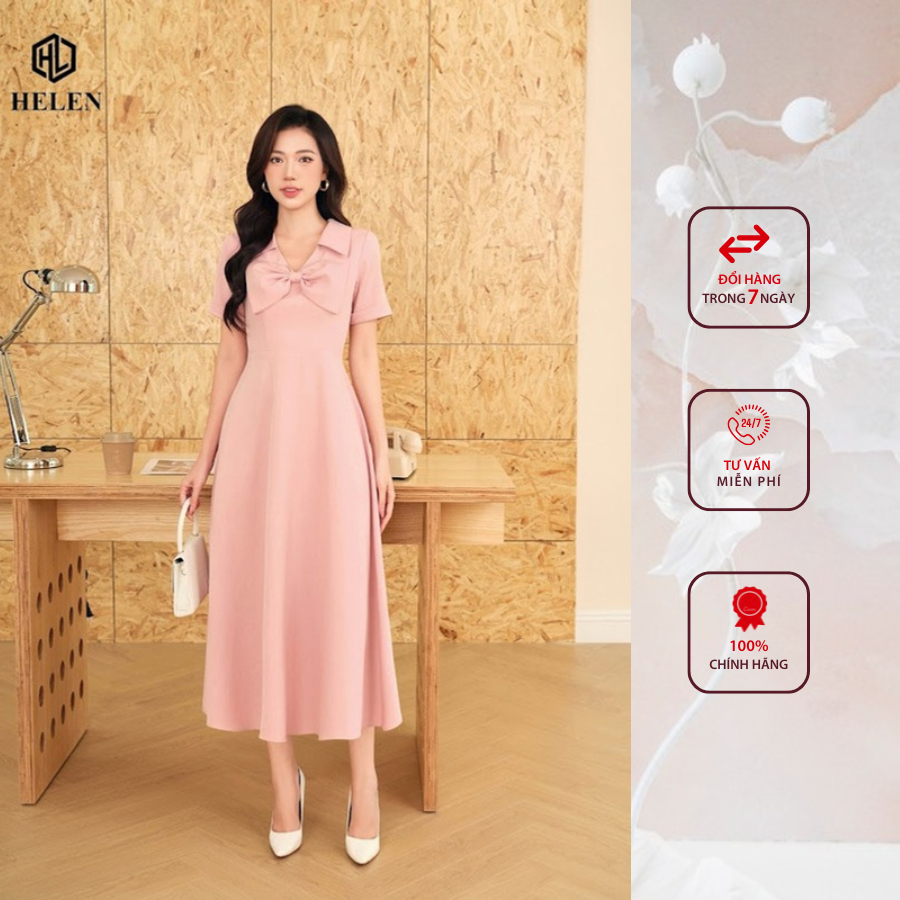 Đầm công sở HELEN thiết kế dáng xòe hồng nơ ngực DL332