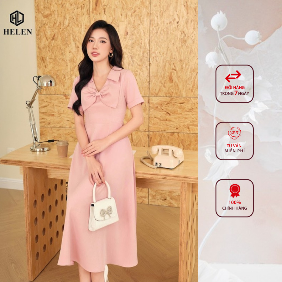 Đầm công sở HELEN thiết kế dáng xòe hồng nơ ngực DL332