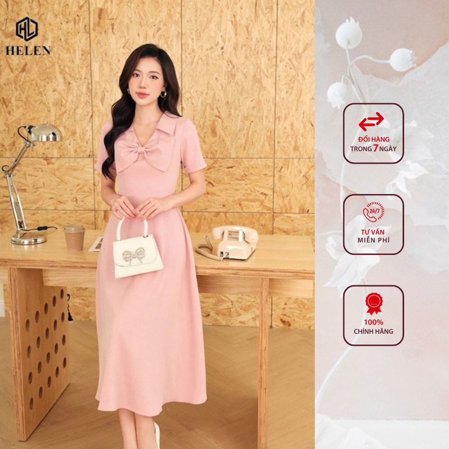 Đầm công sở HELEN thiết kế dáng xòe hồng nơ ngực DL332