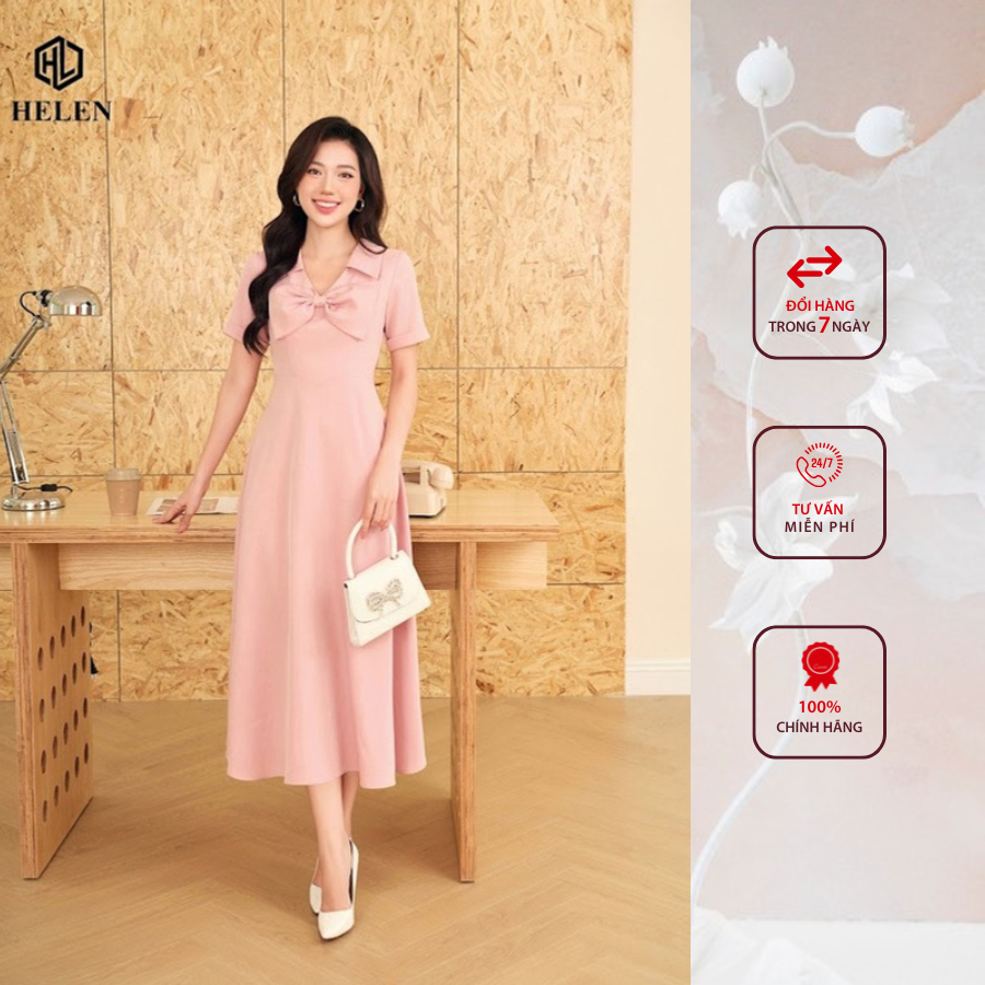 Đầm công sở HELEN thiết kế dáng xòe hồng nơ ngực DL332