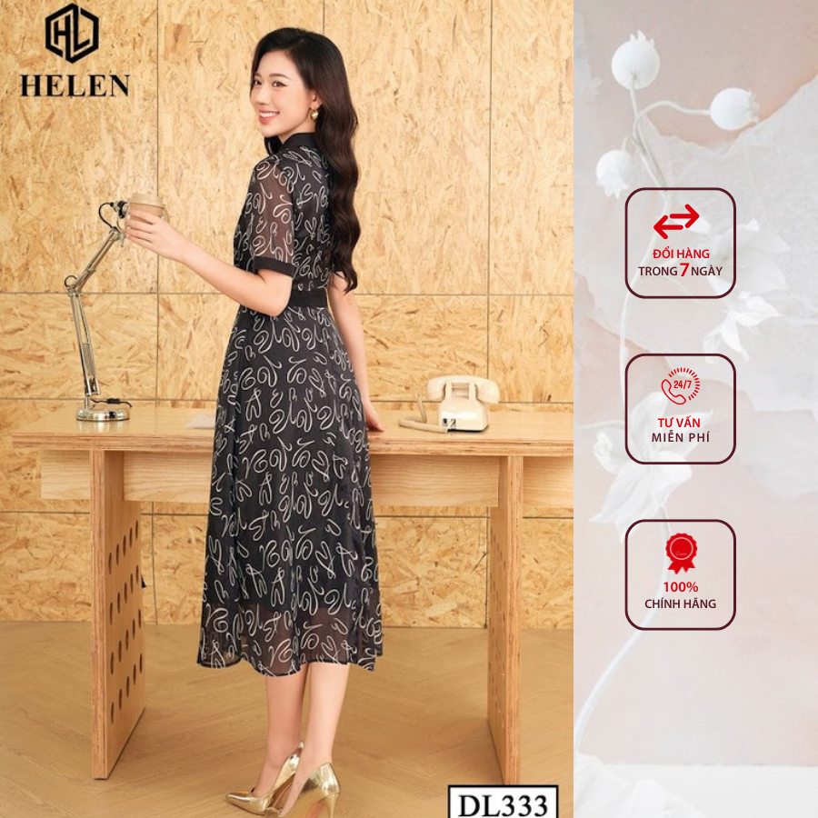 Đầm công sở HELEN thiết kế dáng xòe Voan đen họa tiết trái tim cổ đức DL333