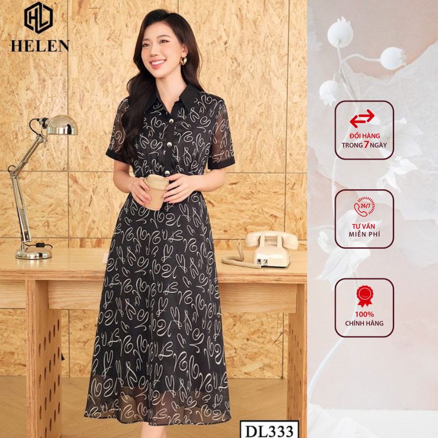 Đầm công sở HELEN thiết kế dáng xòe Voan đen họa tiết trái tim cổ đức DL333
