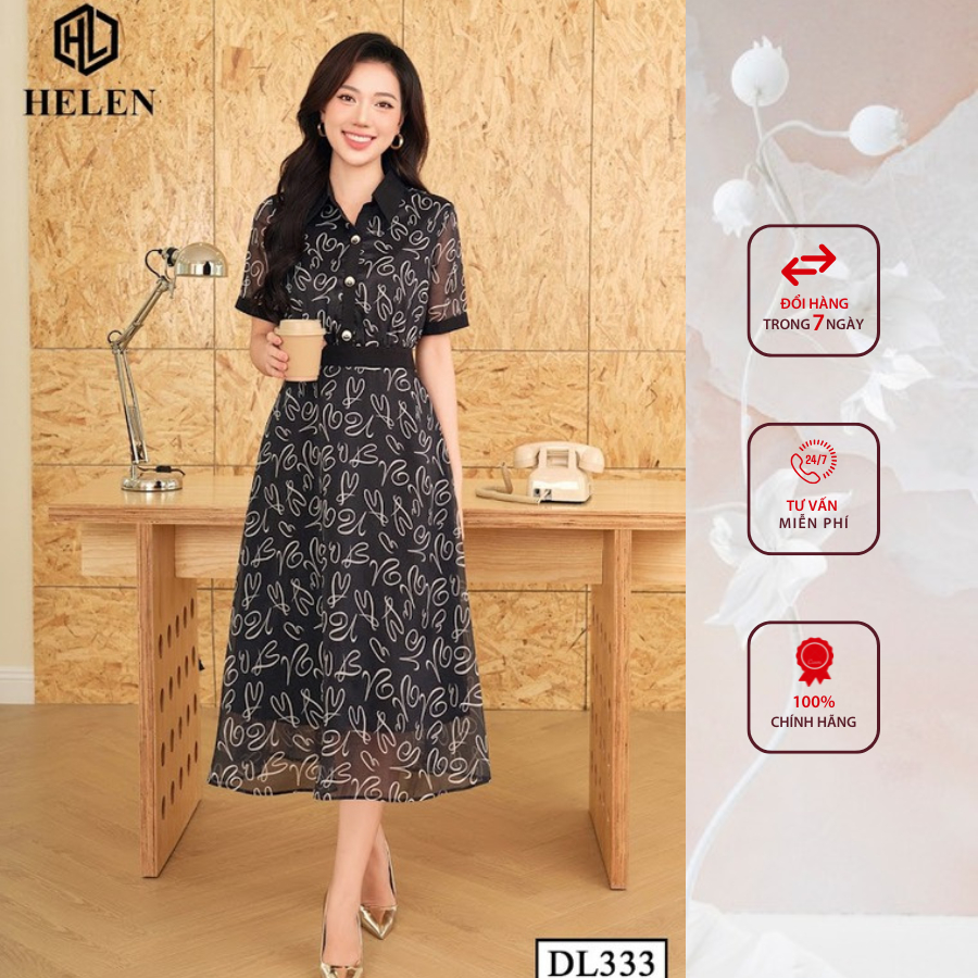 Đầm công sở HELEN thiết kế dáng xòe Voan đen họa tiết trái tim cổ đức DL333