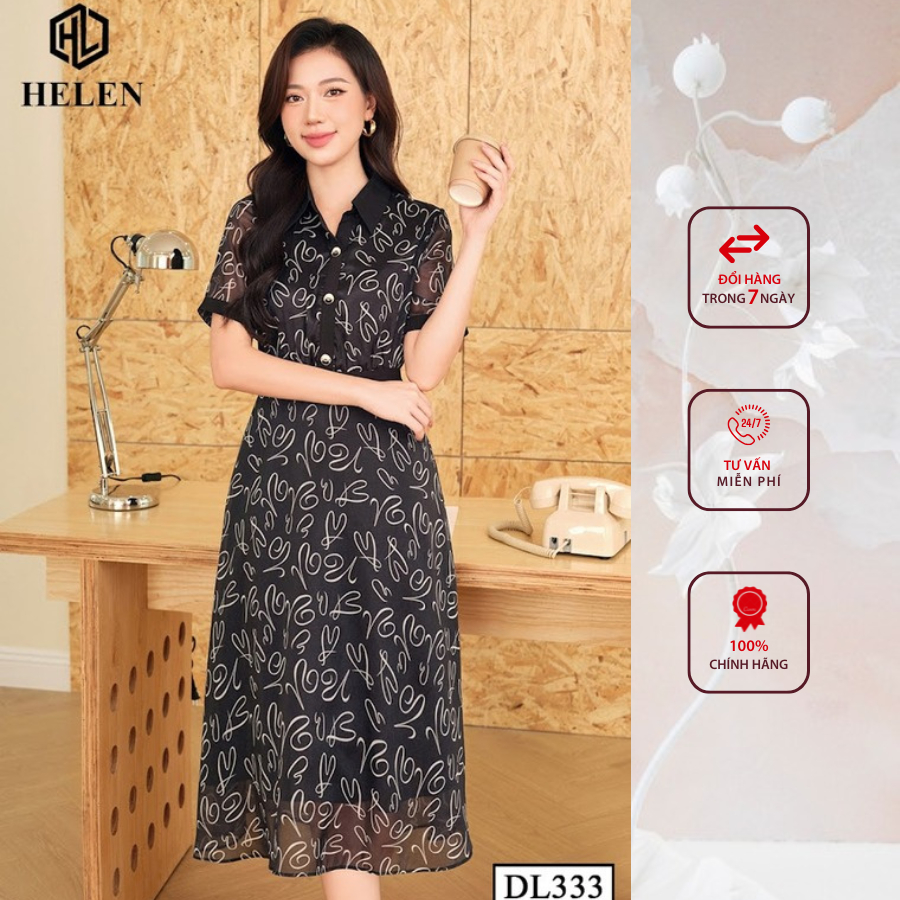 Đầm công sở HELEN thiết kế dáng xòe Voan đen họa tiết trái tim cổ đức DL333