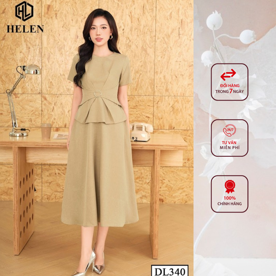 Đầm công sở HELEN thiết kế dáng xòe xanh rêu đai eo DL340