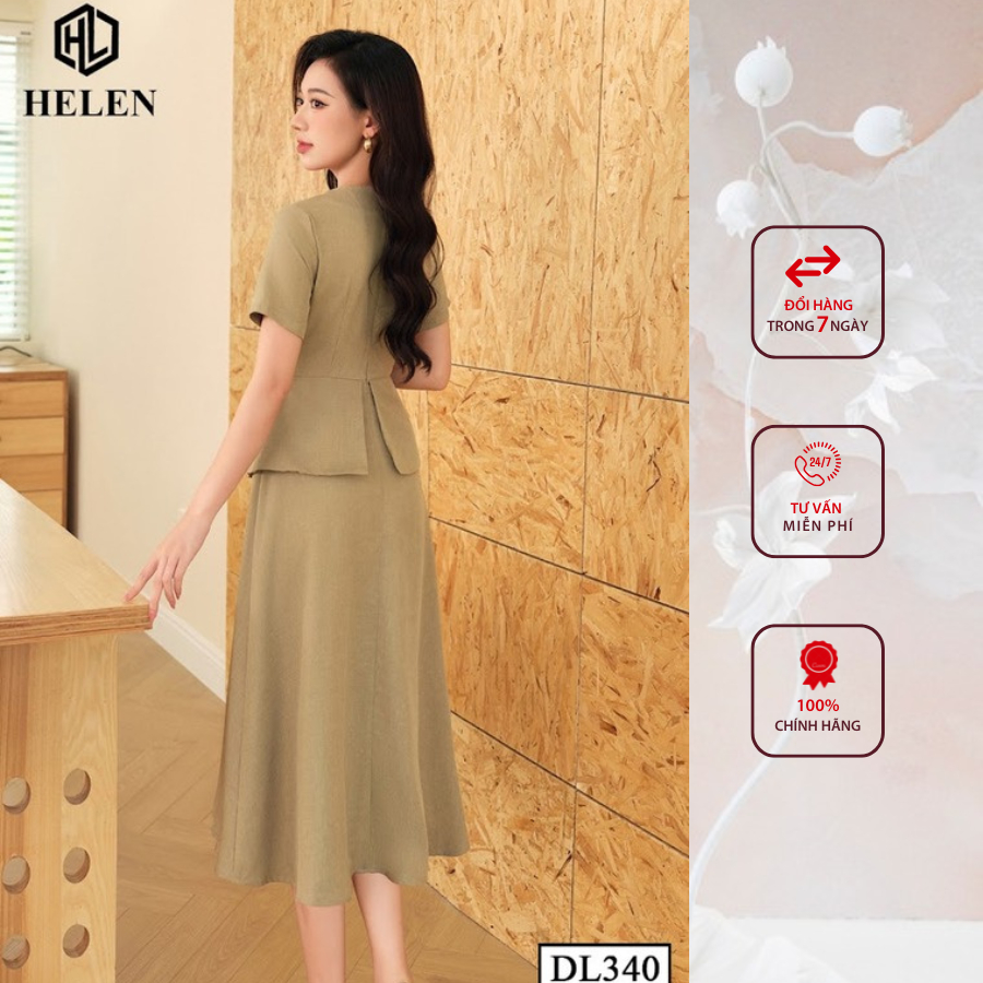 Đầm công sở HELEN thiết kế dáng xòe xanh rêu đai eo DL340
