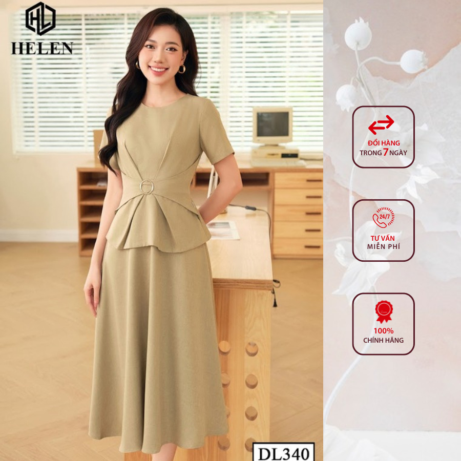 Đầm công sở HELEN thiết kế dáng xòe xanh rêu đai eo DL340