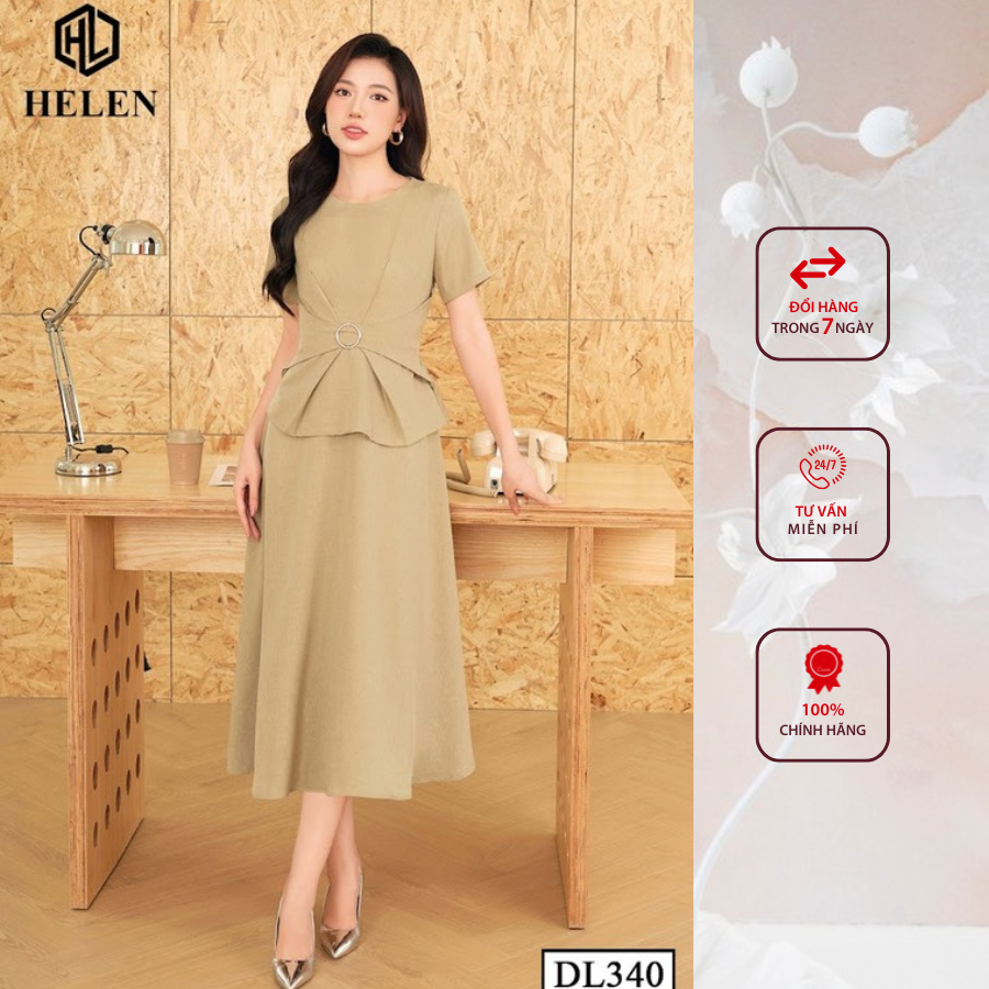 Đầm công sở HELEN thiết kế dáng xòe xanh rêu đai eo DL340