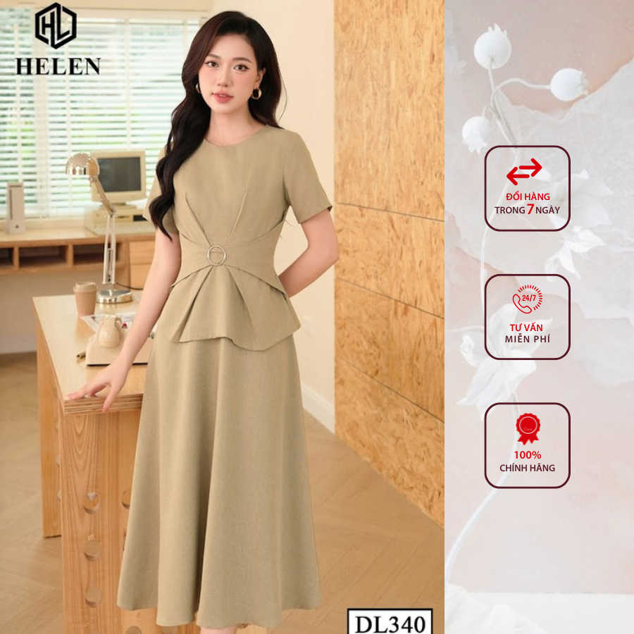 Đầm công sở HELEN thiết kế dáng xòe xanh rêu đai eo DL340
