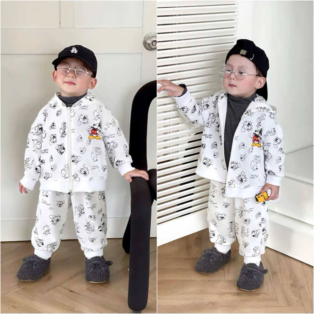 Set bộ hoodie khoá kéo cho bé trai HH11 chất nỉ chân cua mềm size 90–150 (7–23kg)