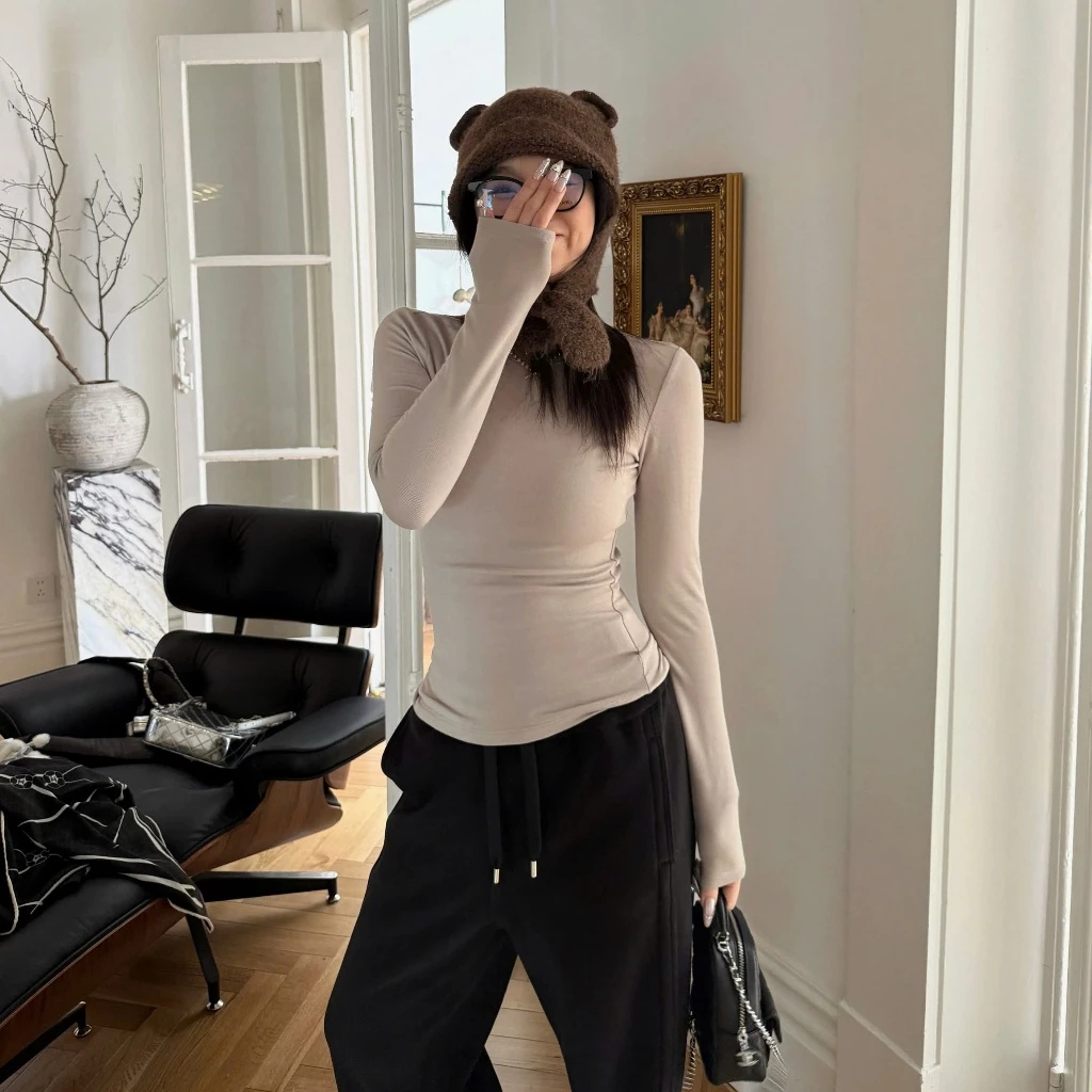 [Peinn] Áo Thắt Eo Dài Tay Ôm Cotton Trơn Nữa S/M/L - Women, Top Cổ Tròn 12 THÁNG SÁU MA2888