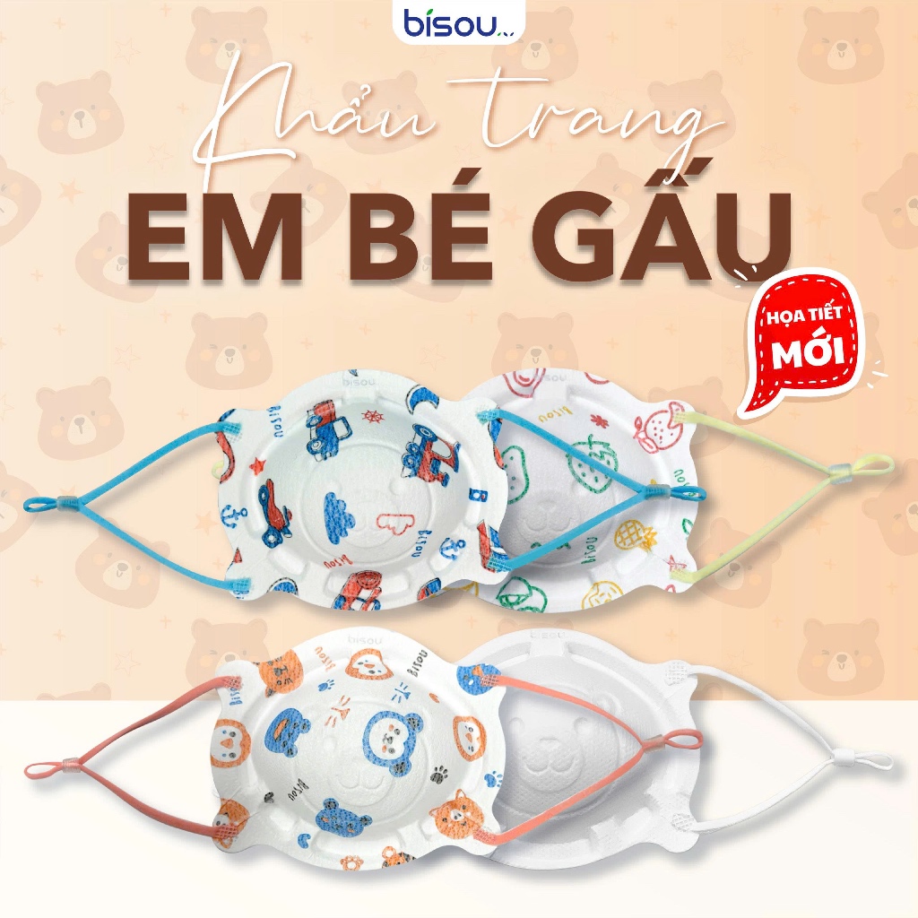Túi 6 cái khẩu trang Gấu BISOU dành cho bé sơ sinh 0-3 tuổi