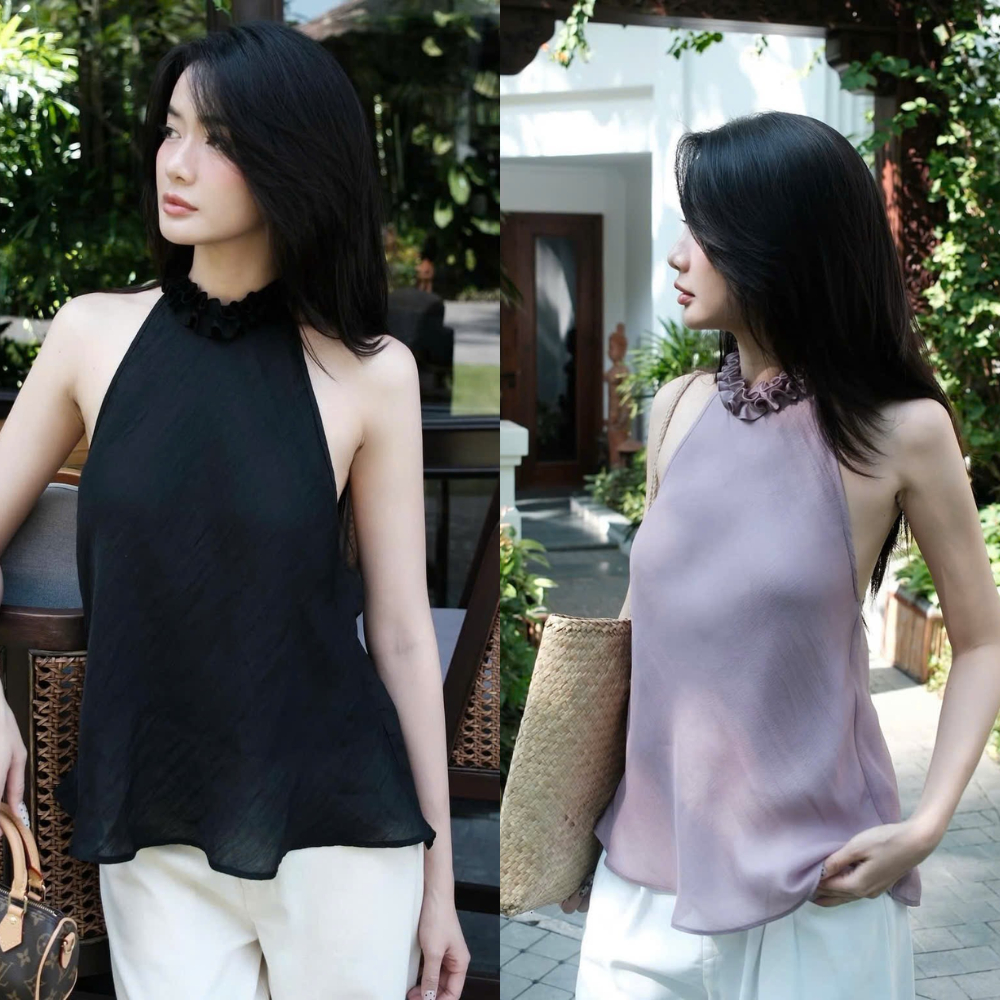 Áo Cổ Yếm Hở Lưng Form Suông Nhẹ Viền Cổ Bèo Tơ Nến 2 Lớp Màu Trơn Nhẹ Nhàng SAN Clothings - P163