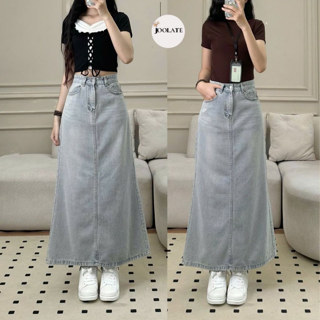 Chân Váy Jeans Trắng Joolate Dáng Dài Tháo Gấu tua rua style ulzzang