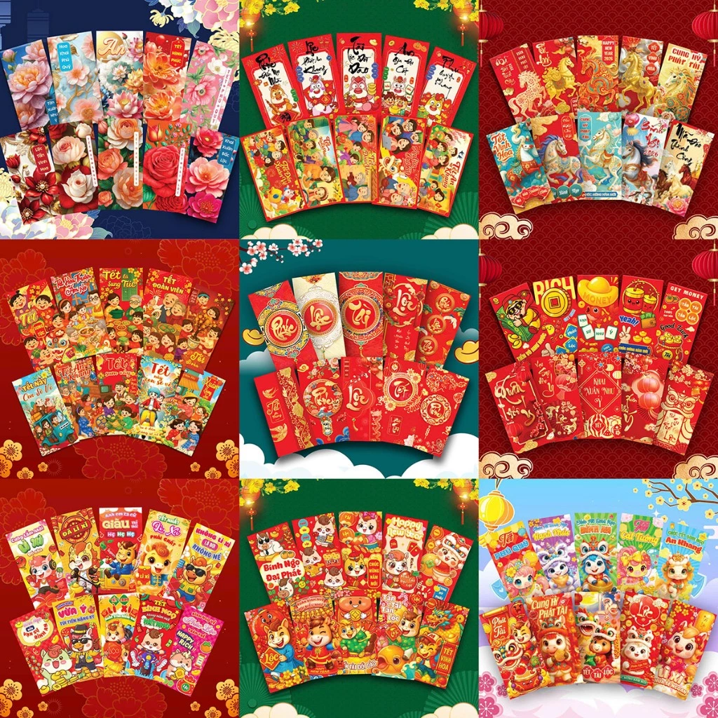 Bao Lì Xì ⚡ Combo 100 Bao Lì Xì Tết 2026 Bính Ngọ Tổng Hợp đủ Mẫu