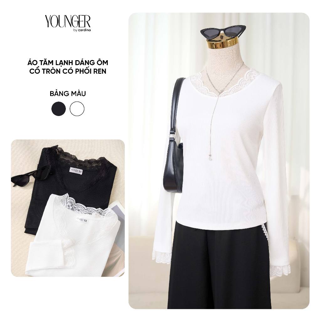 Áo thun tăm nữ YOUNGER BY CARDINA dáng ôm cổ tròn phối ren  5YAFD04