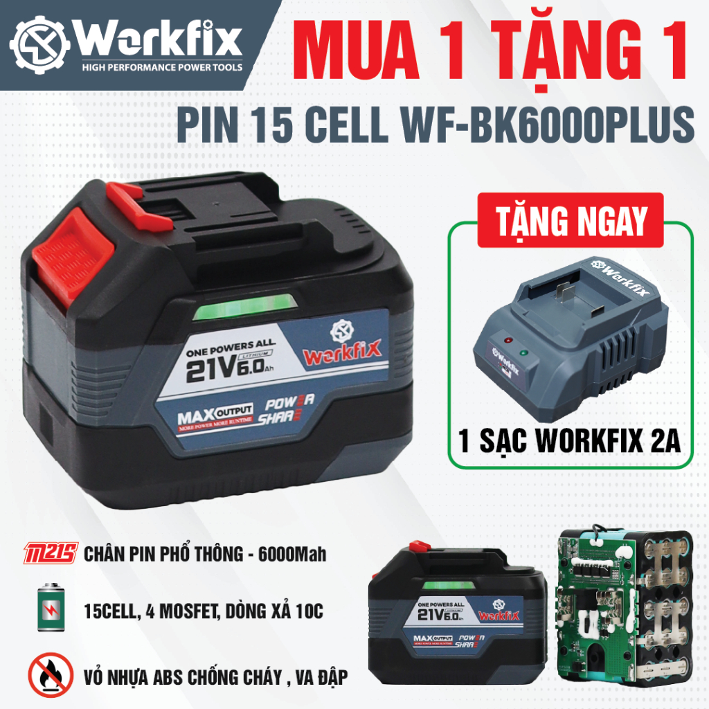 [Tặng Sạc Nhanh] Pin 15 Cell Workfix WF-BK6000PLUS, Mạch4 Mosfed, Dòng Xả Cao 10c, Đèn Báo Pin