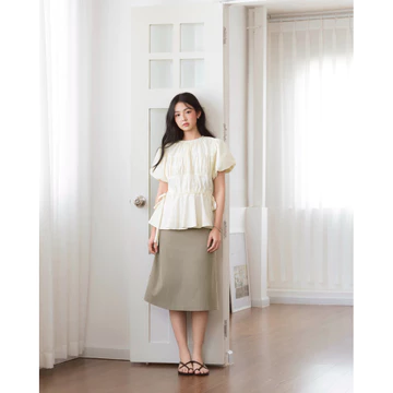 DOB - Áo kiểu linen tay phồng rút eo dáng peplum | Eunbi Top