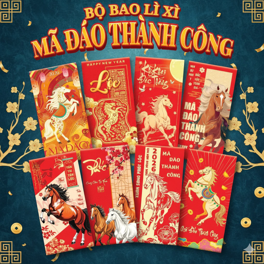[100 Mẫu] Bao Lì Xì Truyền Thống 2026 - Giấy 150gsm Chất Lượng Cao -D16m x R8cm. Phù Hợp Mọi Mệnh Gi