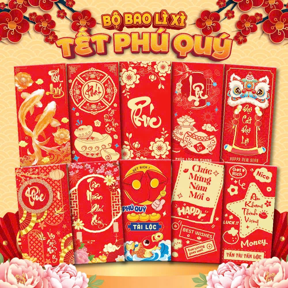 [100 Mẫu] Bao Lì Xì Truyền Thống 2026 - Giấy 150gsm Chất Lượng Cao -D16m x R8cm. Phù Hợp Mọi Mệnh Gi