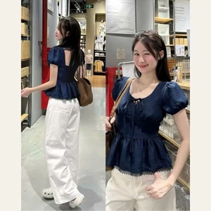 Áo Kiểu Nơ Buộc Bo Eo Tay Bồng Pha Ren D52289