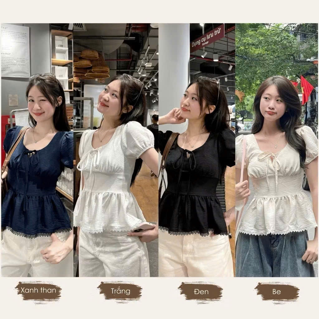 Áo Kiểu Nơ Buộc Bo Eo Tay Bồng Pha Ren D52266