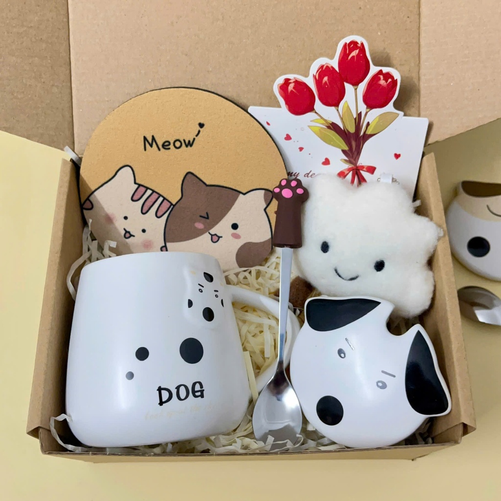 Set Quà Tặng Cốc Sứ Cún Dog Dễ Thương, Gấu Thiệp Sinh Nhật, Tặng Bạn Bè Người Thân Kèm Lót Ly, Phụ Kiện Xinh Xắn